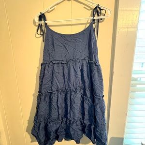 Blue scrunchie, spaghetti, strap tie, ruffle dress